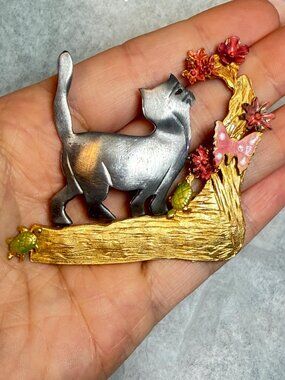 OOAK Ultra Craft Cat Brooch Upcycled Branch Flowers Butterfly Vintage 2.75 inche